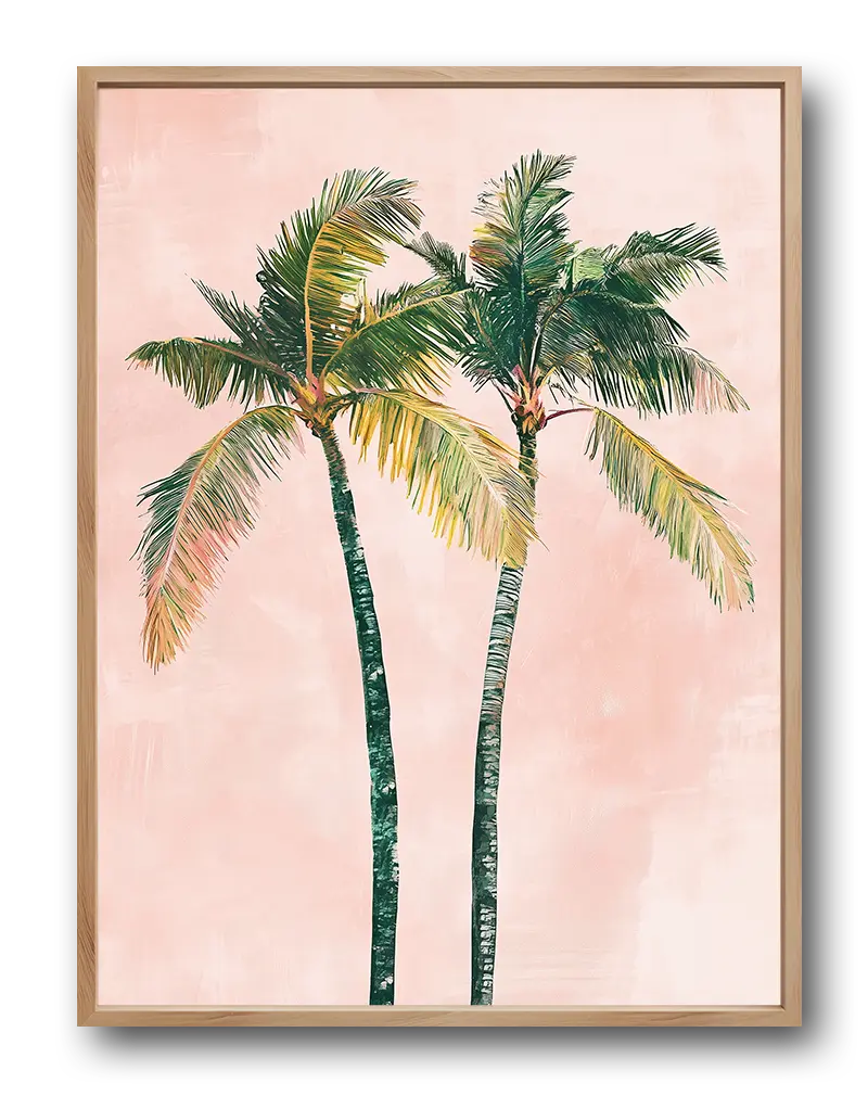 A tropical illustration featuring two palm trees set against a soft pink background. This vibrant wall art poster brings a serene island vibe to any interior, perfect for creating a relaxing, beach-inspired atmosphere in your home decor