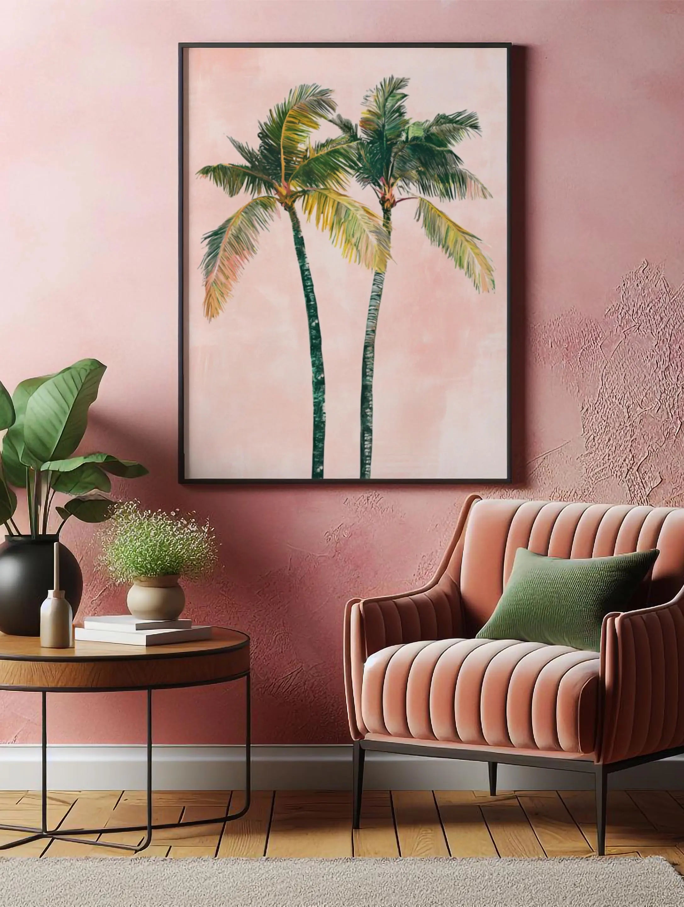 A tropical illustration featuring two palm trees set against a soft pink background. This vibrant wall art poster brings a serene island vibe to any interior, perfect for creating a relaxing, beach-inspired atmosphere in your home decor