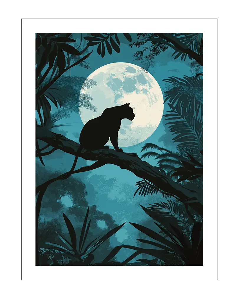 A striking silhouette of a panther resting on a tree branch under a full moon in a lush jungle setting. Perfect wall art for nature lovers and those seeking a touch of mystery in their decor, this poster adds an adventurous and captivating atmosphere