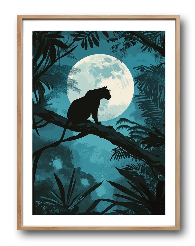 A striking silhouette of a panther resting on a tree branch under a full moon in a lush jungle setting. Perfect wall art for nature lovers and those seeking a touch of mystery in their decor, this poster adds an adventurous and captivating atmosphere