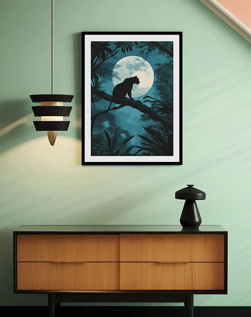 A striking silhouette of a panther resting on a tree branch under a full moon in a lush jungle setting. Perfect wall art for nature lovers and those seeking a touch of mystery in their decor, this poster adds an adventurous and captivating atmosphere