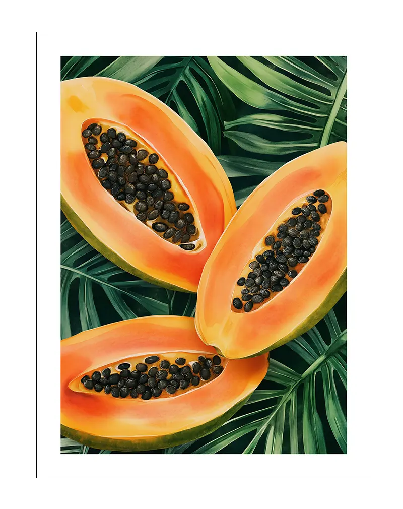 A vibrant display of halved papayas with lush green leaves in the background, highlighting their rich orange and black seeds. Perfect wall art for adding a tropical touch to kitchens or dining areas, this illustration evokes a fresh, sunny vibe