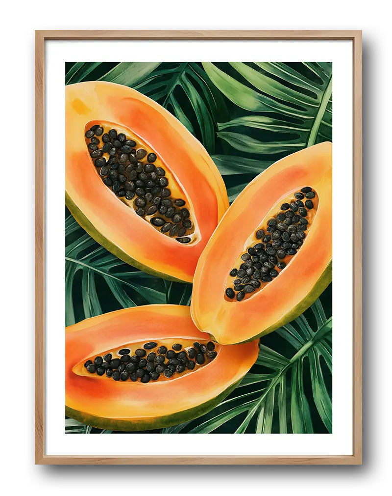 A vibrant display of halved papayas with lush green leaves in the background, highlighting their rich orange and black seeds. Perfect wall art for adding a tropical touch to kitchens or dining areas, this illustration evokes a fresh, sunny vibe