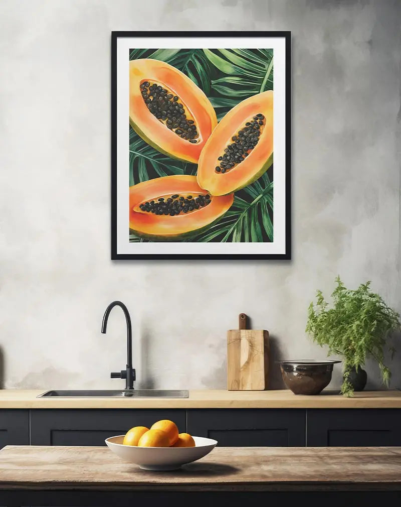 A vibrant display of halved papayas with lush green leaves in the background, highlighting their rich orange and black seeds. Perfect wall art for adding a tropical touch to kitchens or dining areas, this illustration evokes a fresh, sunny vibe