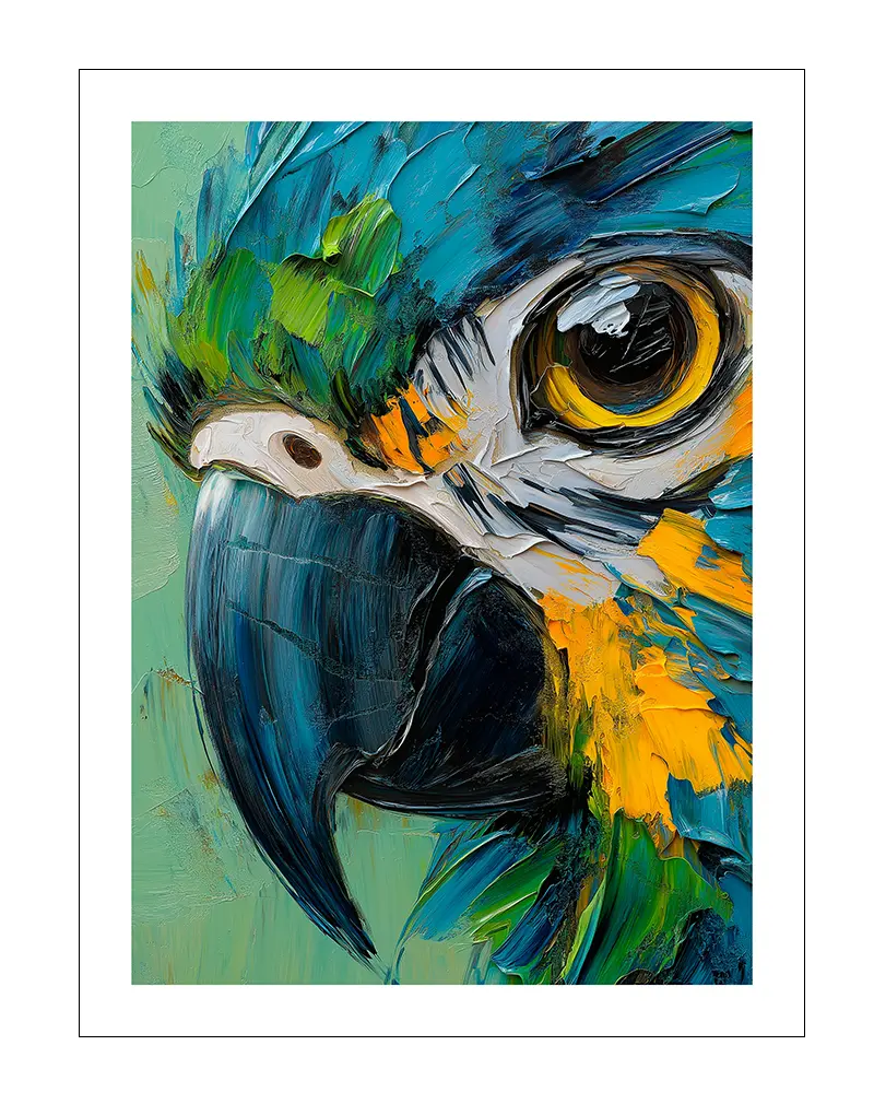 A vivid and textured close-up portrait of a parrot with striking blue, green, yellow, and orange tones.