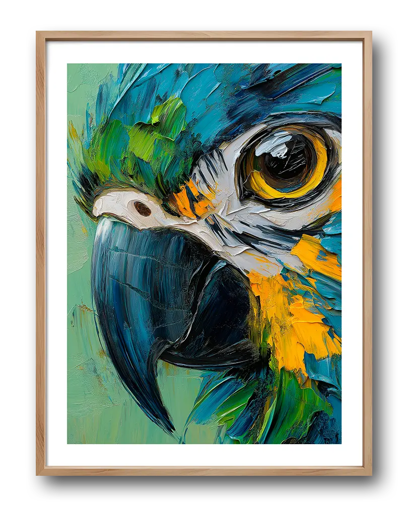 A vivid and textured close-up portrait of a parrot with striking blue, green, yellow, and orange tones.