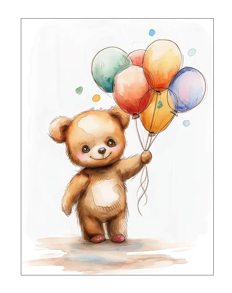 A charming teddy bear holding colorful balloons, rendered in a soft, watercolor style. Perfect wall art for a child's nursery or playroom, bringing warmth and joy to any space