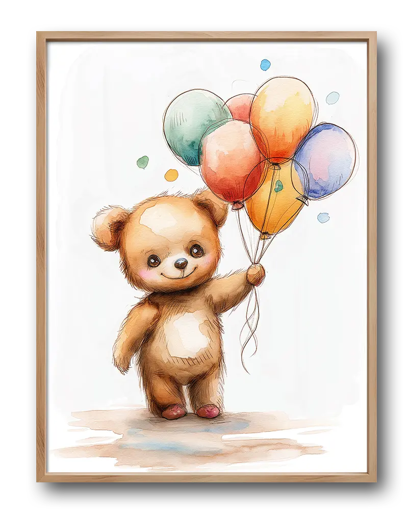 A charming teddy bear holding colorful balloons, rendered in a soft, watercolor style. Perfect wall art for a child's nursery or playroom, bringing warmth and joy to any space