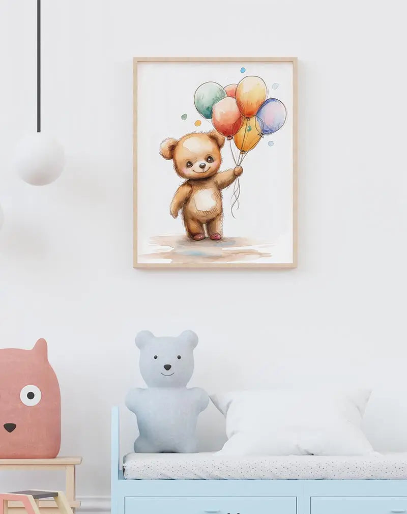 A charming teddy bear holding colorful balloons, rendered in a soft, watercolor style. Perfect wall art for a child's nursery or playroom, bringing warmth and joy to any space