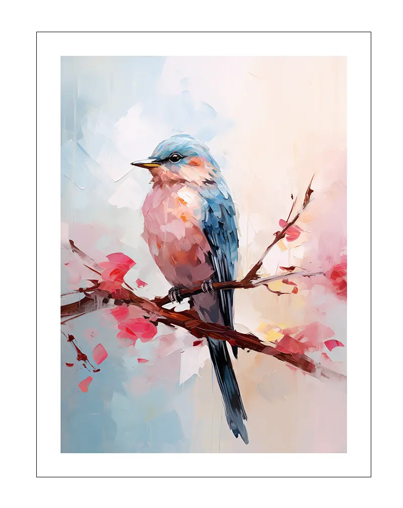 A beautifully painted bluebird perched on a blossoming branch, with soft pastel tones. Perfect wall art for adding a serene and nature-inspired touch to your home