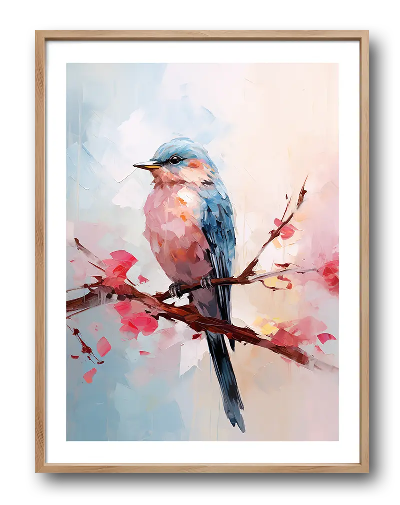 A beautifully painted bluebird perched on a blossoming branch, with soft pastel tones. Perfect wall art for adding a serene and nature-inspired touch to your home