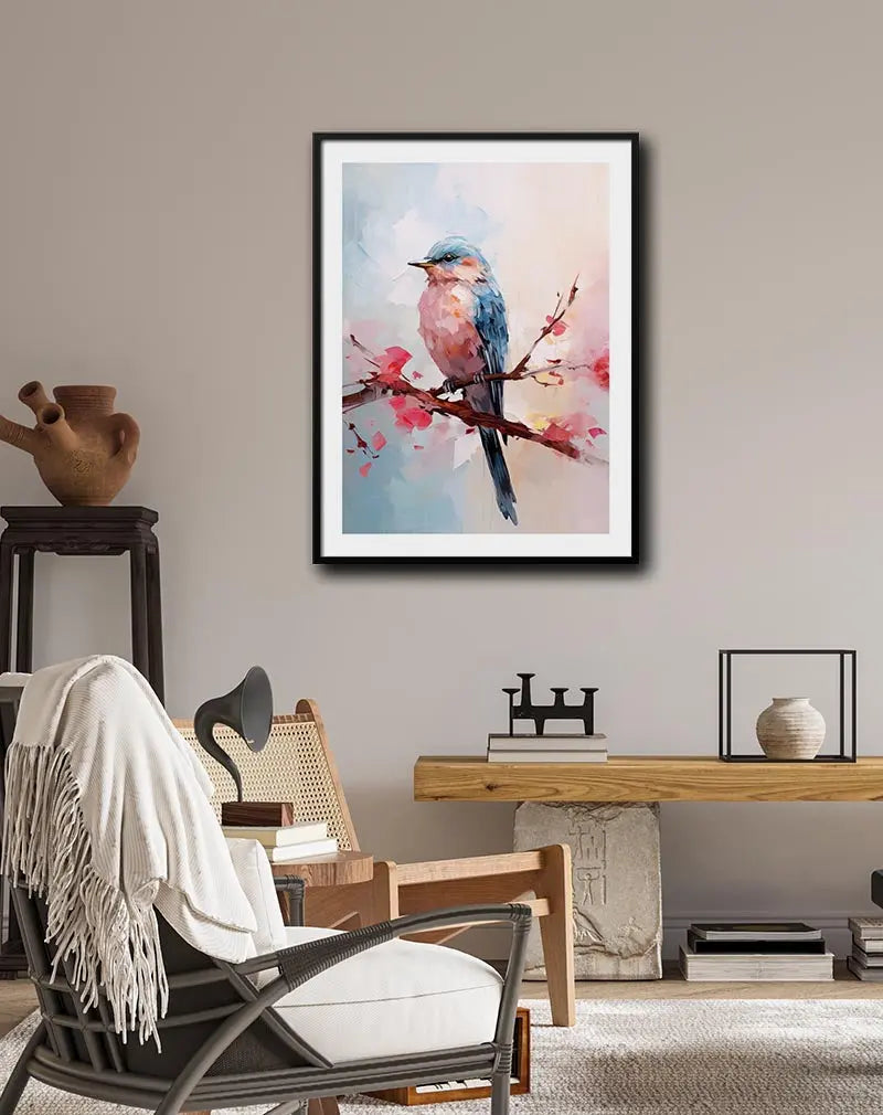 A beautifully painted bluebird perched on a blossoming branch, with soft pastel tones. Perfect wall art for adding a serene and nature-inspired touch to your home