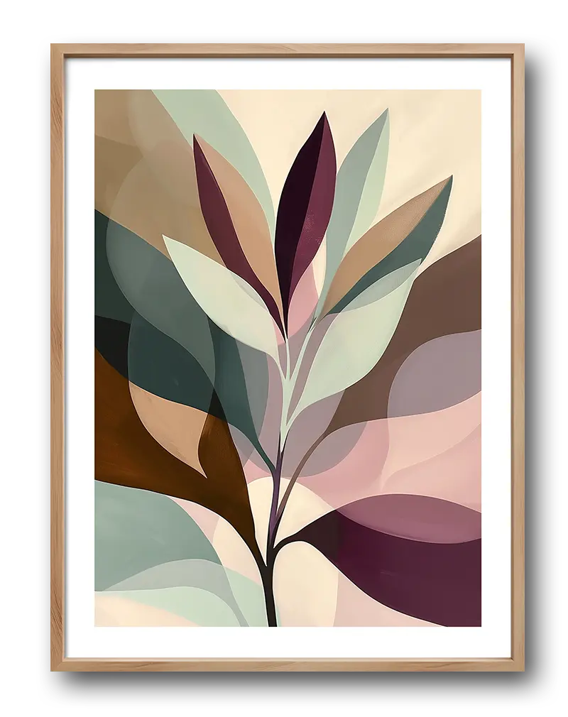 A soothing abstract poster featuring overlapping pastel foliage in muted tones. Perfect wall art for creating a calm and relaxing atmosphere in any room