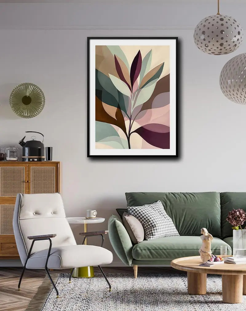 A soothing abstract poster featuring overlapping pastel foliage in muted tones. Perfect wall art for creating a calm and relaxing atmosphere in any room