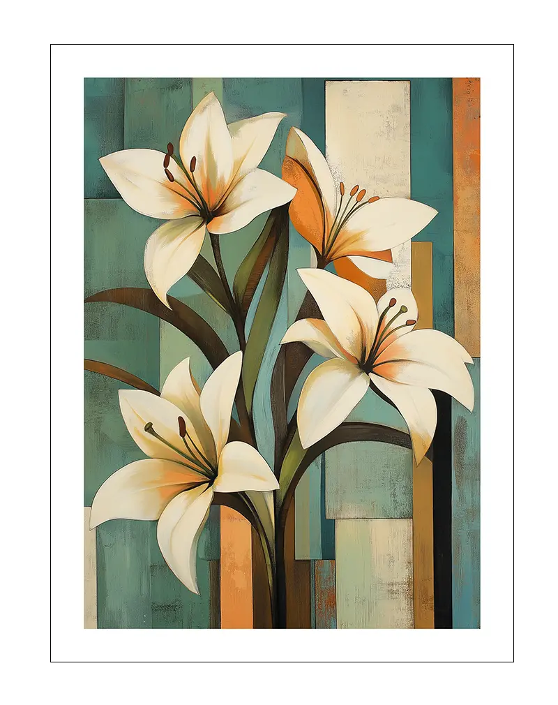 A beautiful wall art poster featuring elegant white lilies against a geometric background in soft teal and earthy tones. Perfect wall art to bring a touch of nature and sophistication to your space