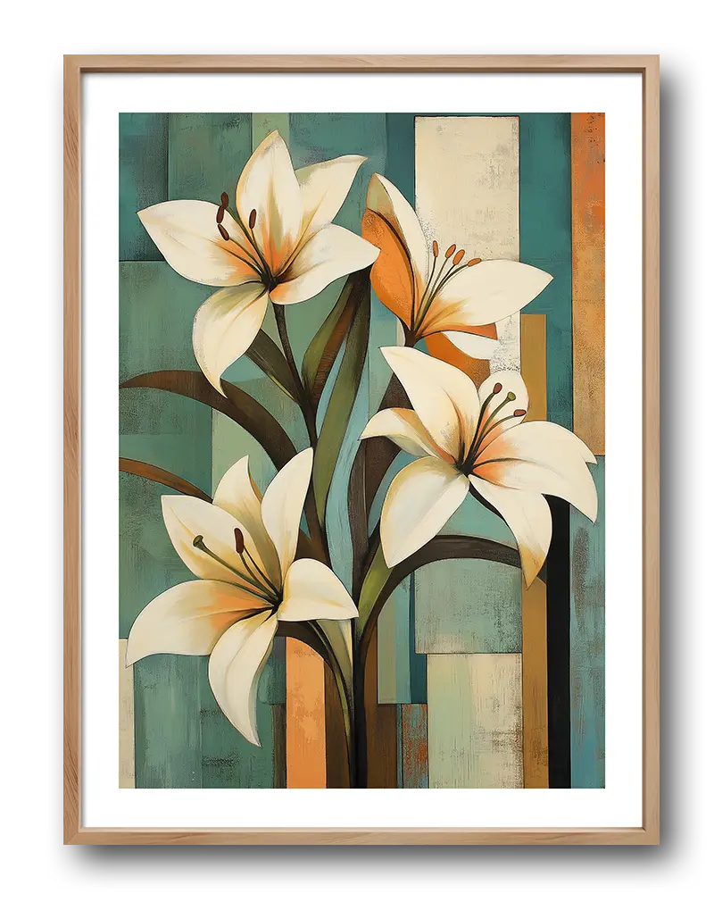 A beautiful wall art poster featuring elegant white lilies against a geometric background in soft teal and earthy tones. Perfect wall art to bring a touch of nature and sophistication to your space