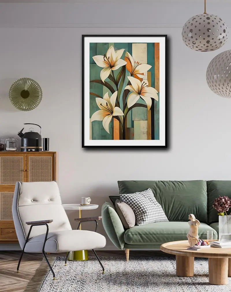 A beautiful wall art poster featuring elegant white lilies against a geometric background in soft teal and earthy tones. Perfect wall art to bring a touch of nature and sophistication to your space