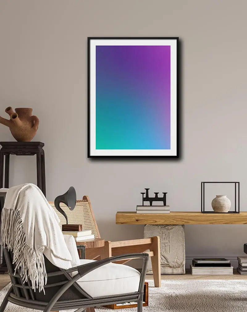 A minimalistic wall art poster featuring a smooth gradient from vibrant purple to calming blue. Perfect wall art to create a modern, relaxing ambiance in any room