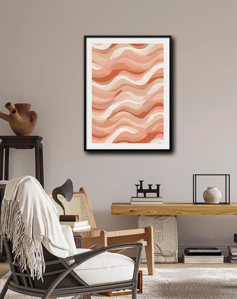 A beautiful wall art poster featuring abstract waves in soft peach and beige tones. Perfect wall art for adding a warm, serene atmosphere to any living space