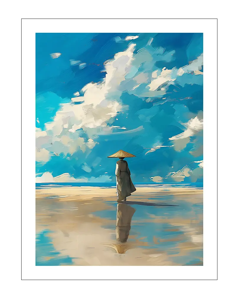 A captivating wall art poster of a lone figure standing under a vast, bright sky with sweeping clouds. Perfect wall art for creating a peaceful and contemplative mood in your home