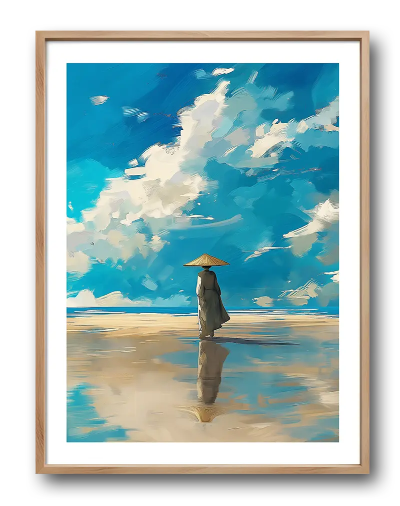 A captivating wall art poster of a lone figure standing under a vast, bright sky with sweeping clouds. Perfect wall art for creating a peaceful and contemplative mood in your home