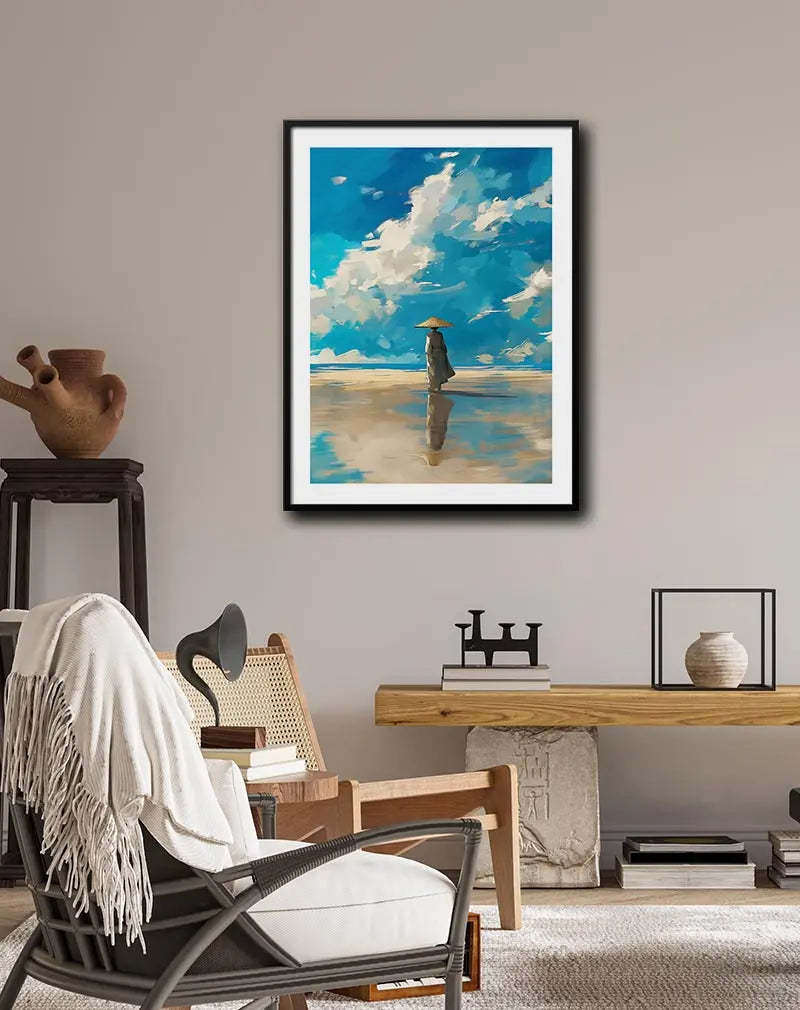 A captivating wall art poster of a lone figure standing under a vast, bright sky with sweeping clouds. Perfect wall art for creating a peaceful and contemplative mood in your home