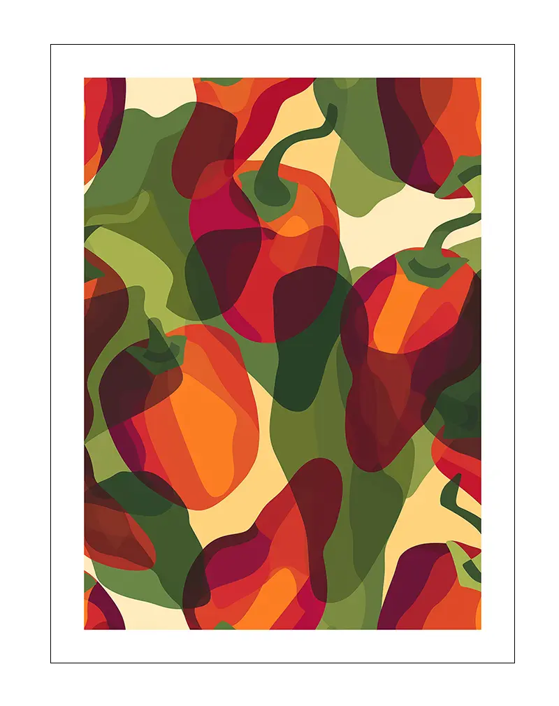 A vibrant wall art poster of abstract peppers in bold reds, oranges, and greens. Perfect wall art for adding a spicy and energetic touch to your kitchen or dining space