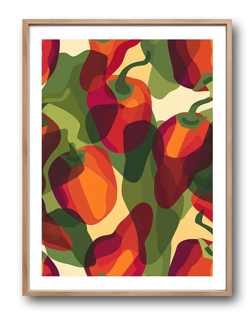 A vibrant wall art poster of abstract peppers in bold reds, oranges, and greens. Perfect wall art for adding a spicy and energetic touch to your kitchen or dining space