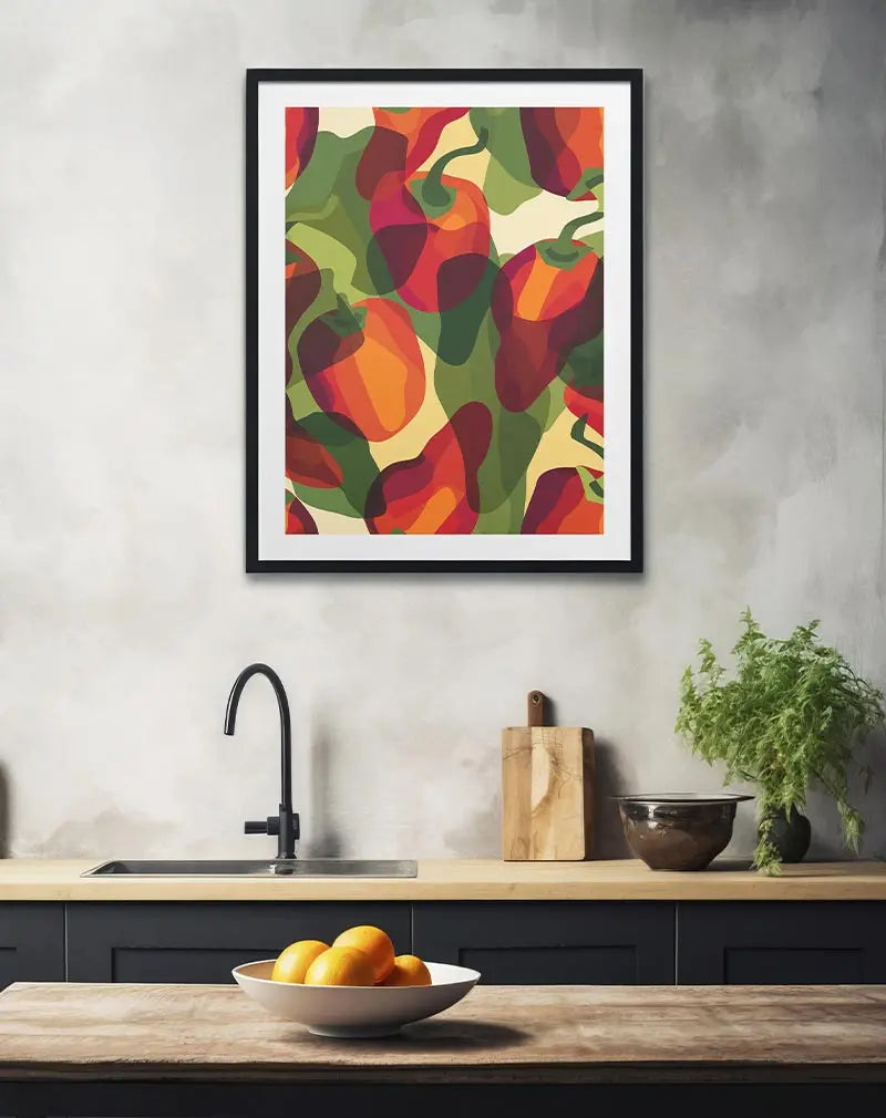 A vibrant wall art poster of abstract peppers in bold reds, oranges, and greens. Perfect wall art for adding a spicy and energetic touch to your kitchen or dining space