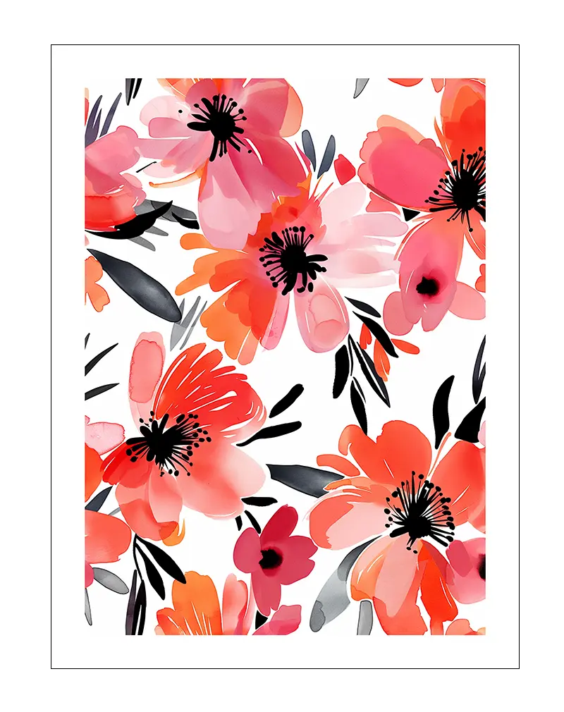 A beautiful wall art poster featuring vibrant watercolor flowers in shades of pink, red, and orange with dark accents. Perfect wall art for creating a lively and refreshing atmosphere in any room