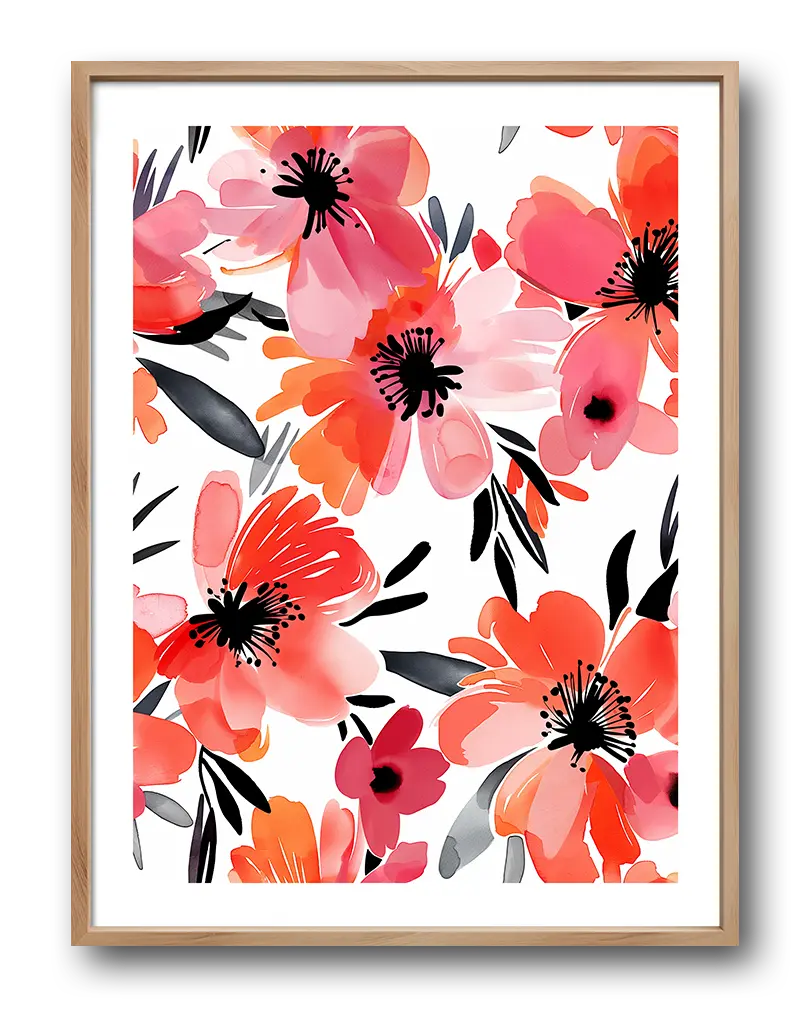 A beautiful wall art poster featuring vibrant watercolor flowers in shades of pink, red, and orange with dark accents. Perfect wall art for creating a lively and refreshing atmosphere in any room