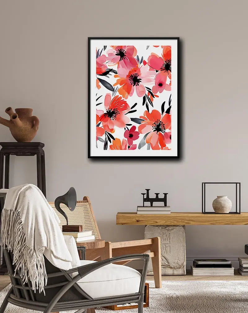 A beautiful wall art poster featuring vibrant watercolor flowers in shades of pink, red, and orange with dark accents. Perfect wall art for creating a lively and refreshing atmosphere in any room