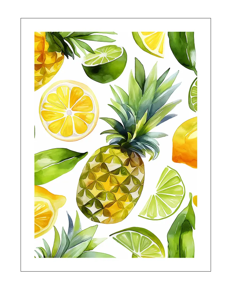 A vibrant illustration of pineapples, lemons, and limes in a refreshing tropical fruit pattern. Perfect wall art for brightening up your kitchen or dining space with a lively and colorful tropical theme