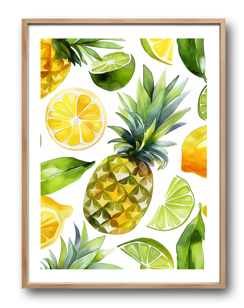 A vibrant illustration of pineapples, lemons, and limes in a refreshing tropical fruit pattern. Perfect wall art for brightening up your kitchen or dining space with a lively and colorful tropical theme