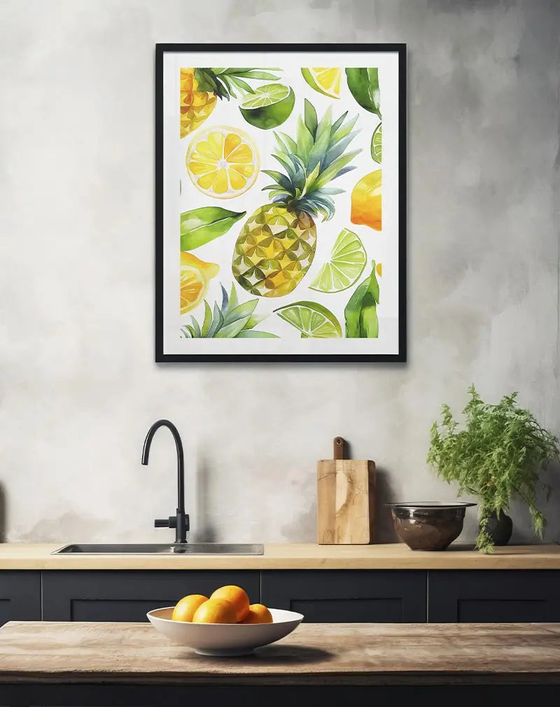 A vibrant illustration of pineapples, lemons, and limes in a refreshing tropical fruit pattern. Perfect wall art for brightening up your kitchen or dining space with a lively and colorful tropical theme