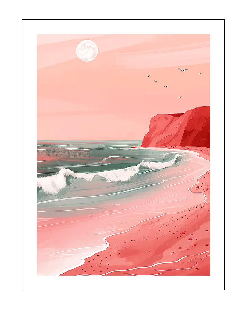 A serene seascape illustration featuring a pink-hued coastline with waves gently lapping the shore under a full moon. Perfect wall art for creating a calm and dreamy atmosphere in your home, ideal for bedroom or living room decor