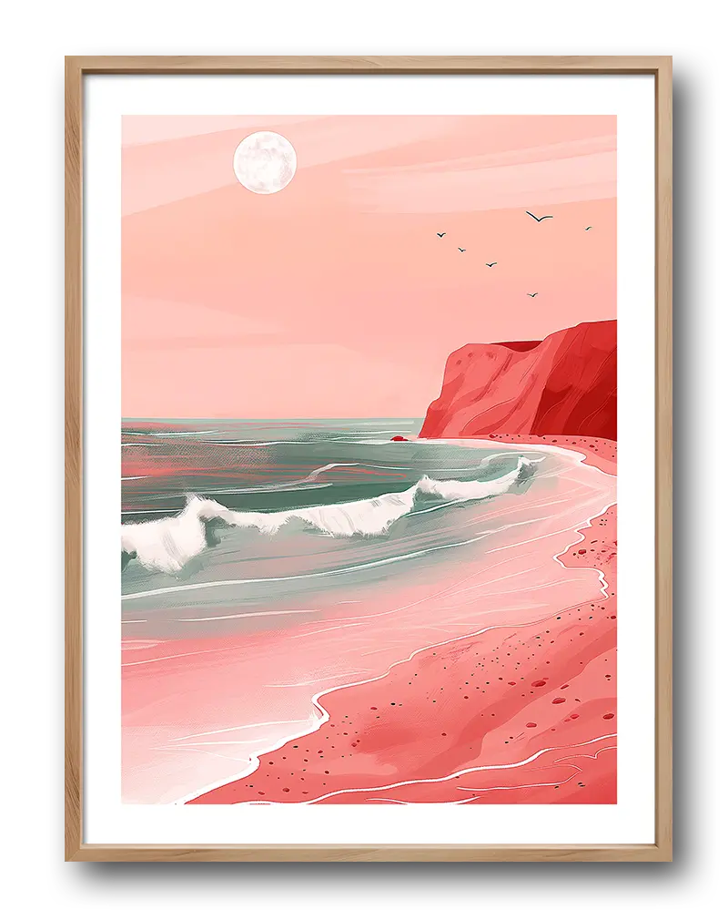 A serene seascape illustration featuring a pink-hued coastline with waves gently lapping the shore under a full moon. Perfect wall art for creating a calm and dreamy atmosphere in your home, ideal for bedroom or living room decor