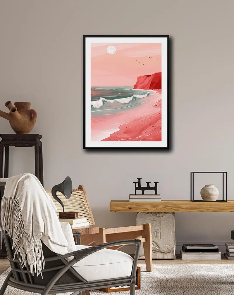 A serene seascape illustration featuring a pink-hued coastline with waves gently lapping the shore under a full moon. Perfect wall art for creating a calm and dreamy atmosphere in your home, ideal for bedroom or living room decor