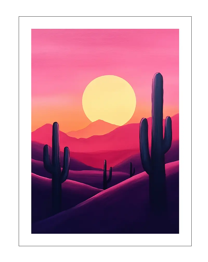 A stunning illustration of a desert landscape at sunset, featuring tall cacti silhouetted against a vibrant pink and purple sky. This wall art poster captures the beauty of the desert with bold colors, perfect for bringing warmth and nature-inspired charm to any room