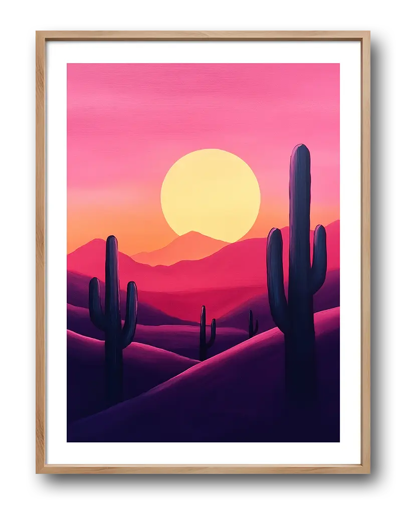 A stunning illustration of a desert landscape at sunset, featuring tall cacti silhouetted against a vibrant pink and purple sky. This wall art poster captures the beauty of the desert with bold colors, perfect for bringing warmth and nature-inspired charm to any room