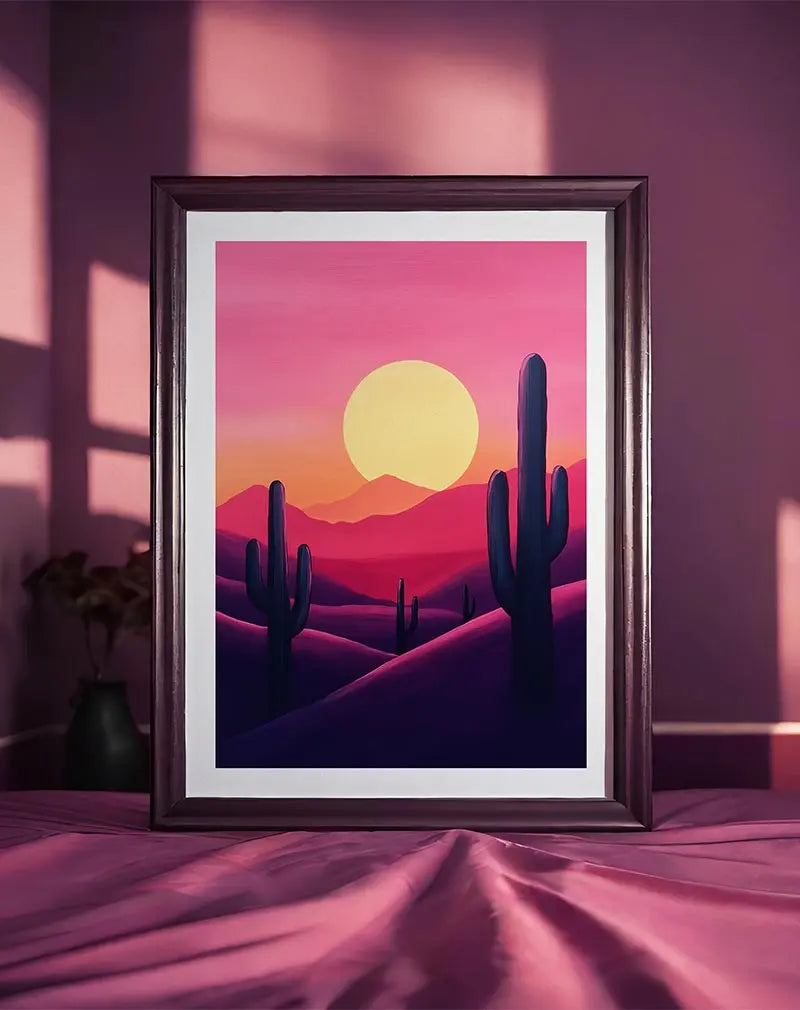 A stunning illustration of a desert landscape at sunset, featuring tall cacti silhouetted against a vibrant pink and purple sky. This wall art poster captures the beauty of the desert with bold colors, perfect for bringing warmth and nature-inspired charm to any room