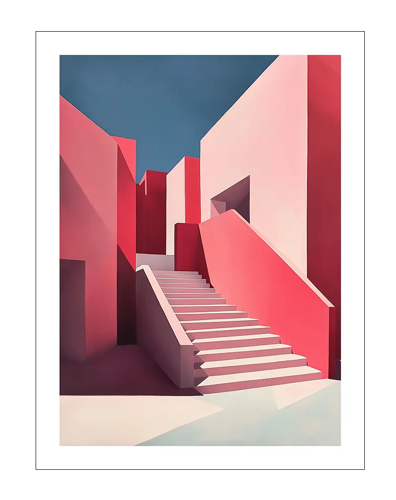 A minimalist illustration of modern architecture with pink and red geometric shapes and stairs, set against a clear blue sky. This wall art poster showcases clean lines and vibrant colors, ideal for adding a contemporary touch to any living space