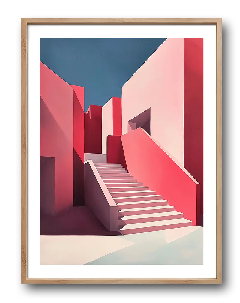 A minimalist illustration of modern architecture with pink and red geometric shapes and stairs, set against a clear blue sky. This wall art poster showcases clean lines and vibrant colors, ideal for adding a contemporary touch to any living space