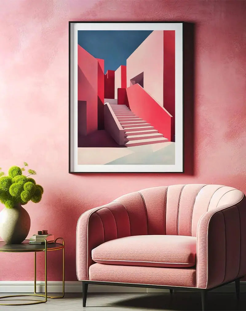 A minimalist illustration of modern architecture with pink and red geometric shapes and stairs, set against a clear blue sky. This wall art poster showcases clean lines and vibrant colors, ideal for adding a contemporary touch to any living space