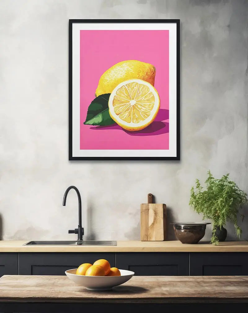 A vibrant illustration of a lemon with one half sliced open, set against a bold pink background. Perfect wall art for adding a pop of color and freshness to your kitchen or dining room decor.