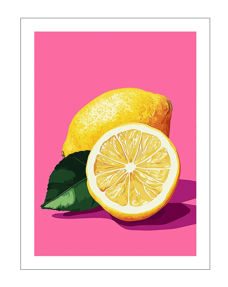 A vibrant illustration of a lemon with one half sliced open, set against a bold pink background. Perfect wall art for adding a pop of color and freshness to your kitchen or dining room decor.