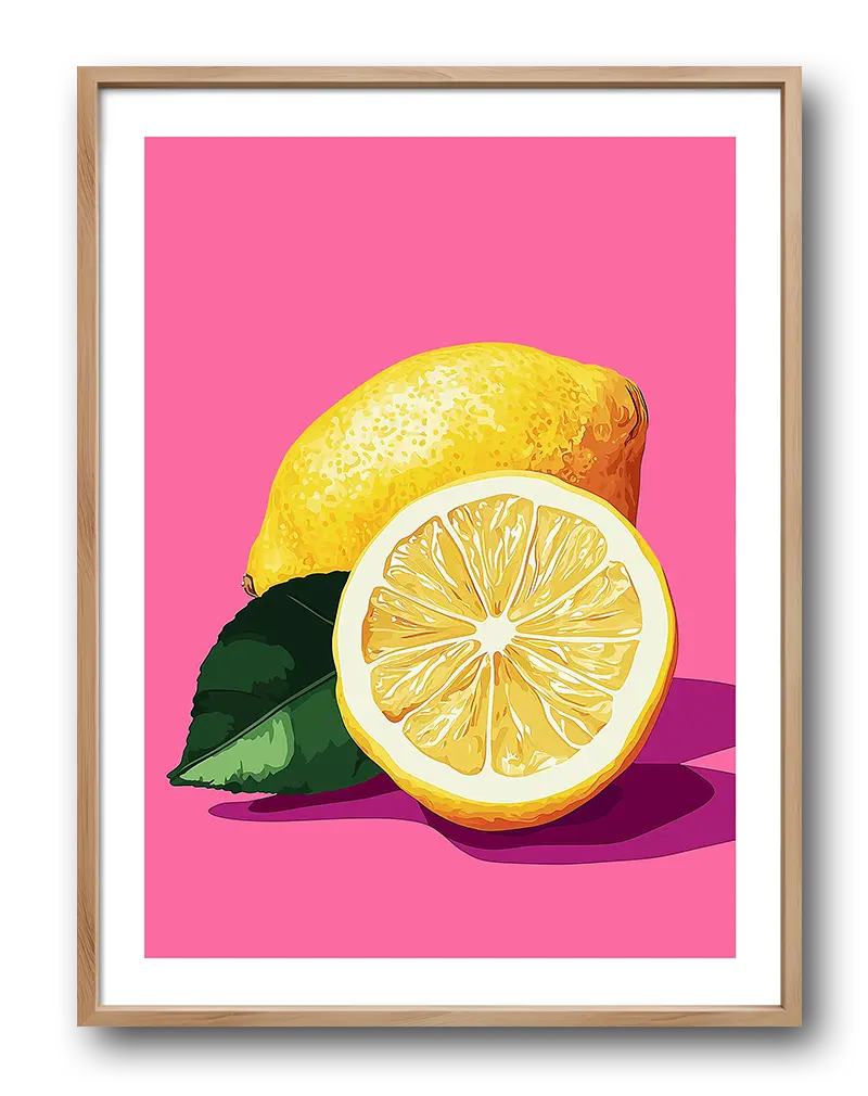 A vibrant illustration of a lemon with one half sliced open, set against a bold pink background. Perfect wall art for adding a pop of color and freshness to your kitchen or dining room decor.