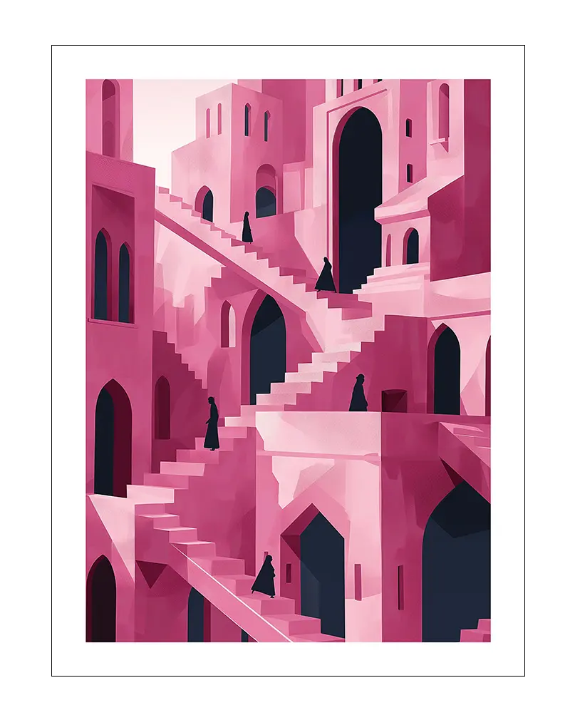 An abstract illustration of pink stairways and arched buildings with figures in dark cloaks. Perfect wall art for a modern living space, adding a sense of mystery and architectural intrigue