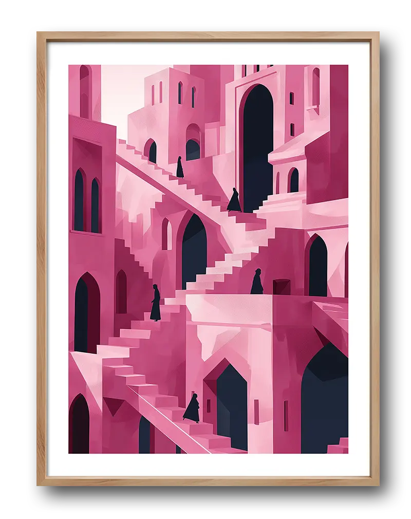 An abstract illustration of pink stairways and arched buildings with figures in dark cloaks. Perfect wall art for a modern living space, adding a sense of mystery and architectural intrigue