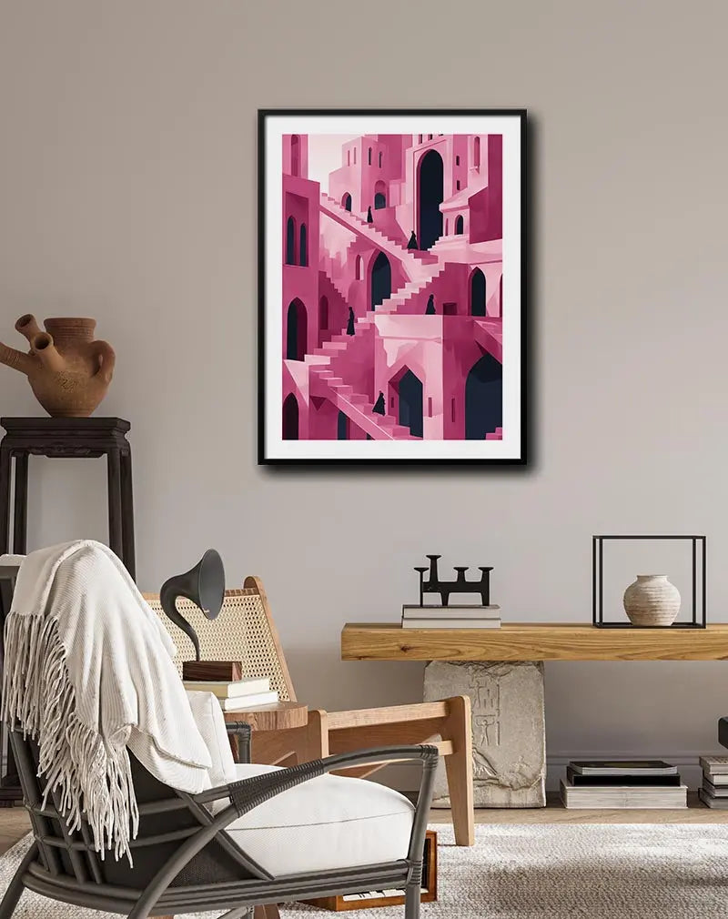 An abstract illustration of pink stairways and arched buildings with figures in dark cloaks. Perfect wall art for a modern living space, adding a sense of mystery and architectural intrigue